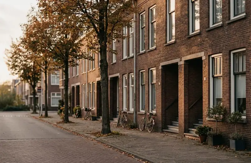 Straat met bakstenen rijtjeshuizen, herfstbomen en fietsen voor de deur