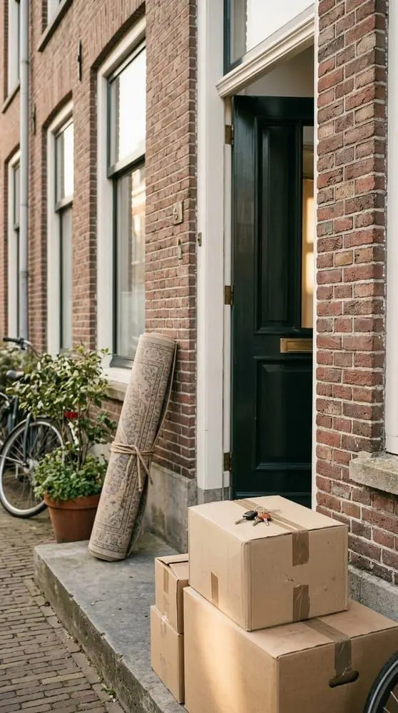 Open voordeur met verhuisdozen en sleutels op de stoep