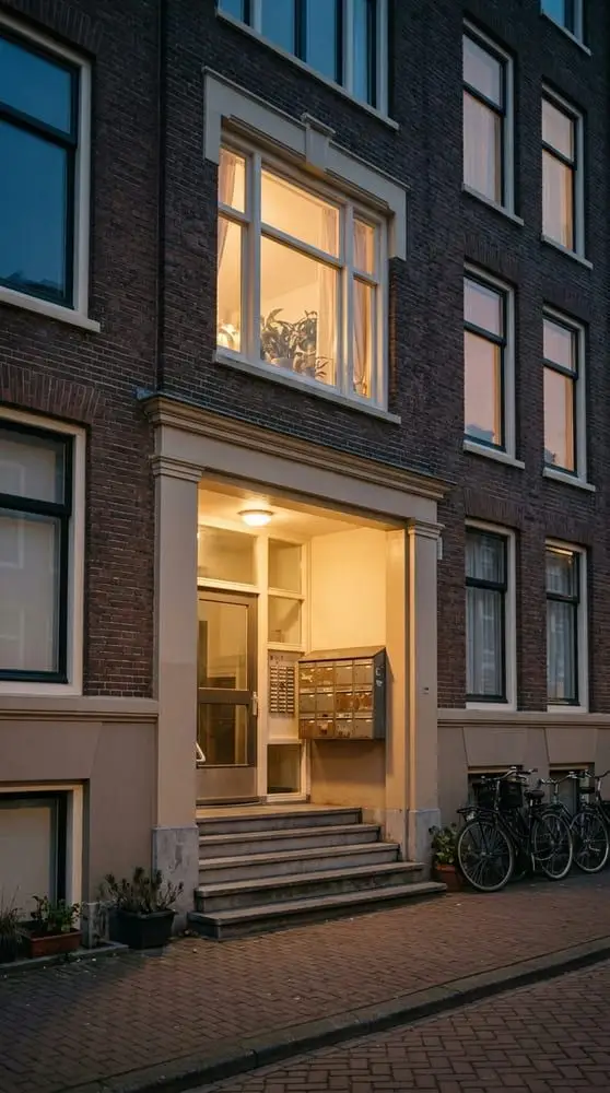 Verlichte portiek van een appartementengebouw met brievenbussen en bellen